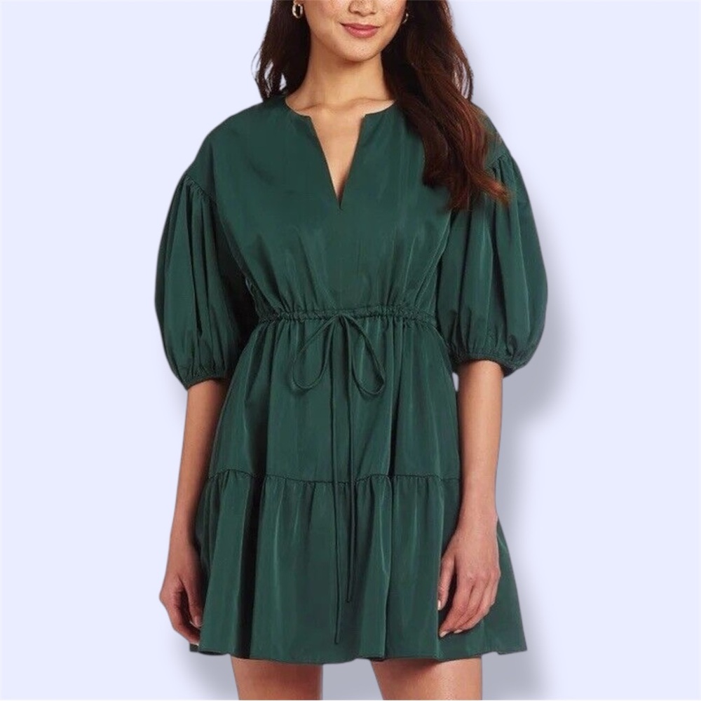 Amanda Uprichard Newbury Short Sleeve V-Neck Mini Dress in Cypress Green